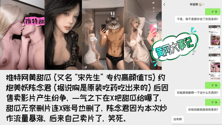 【重磅吃瓜】著名网黄[甜瓜](宋先生)被极品高颜值TS[陈念君]曝光真实身份！背刺事件始末！附陈念君合集，最全了！