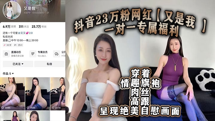 抖音23万粉网红【又是我 】一对一专属福利 穿着情趣旗袍肉丝高跟呈现绝美自慰画面！